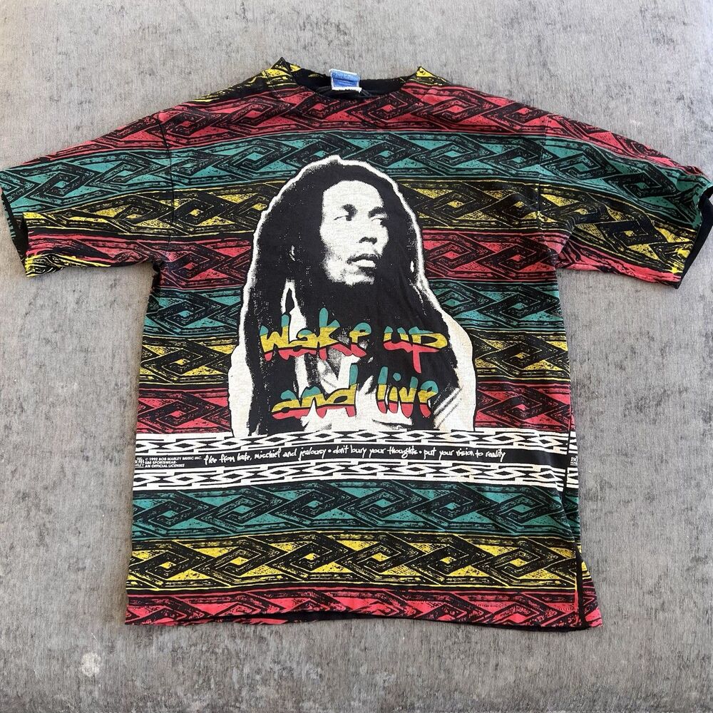 VTG 1992 Bob Marley "Wake Up And Live" all-over print T-shirt Single Stitch